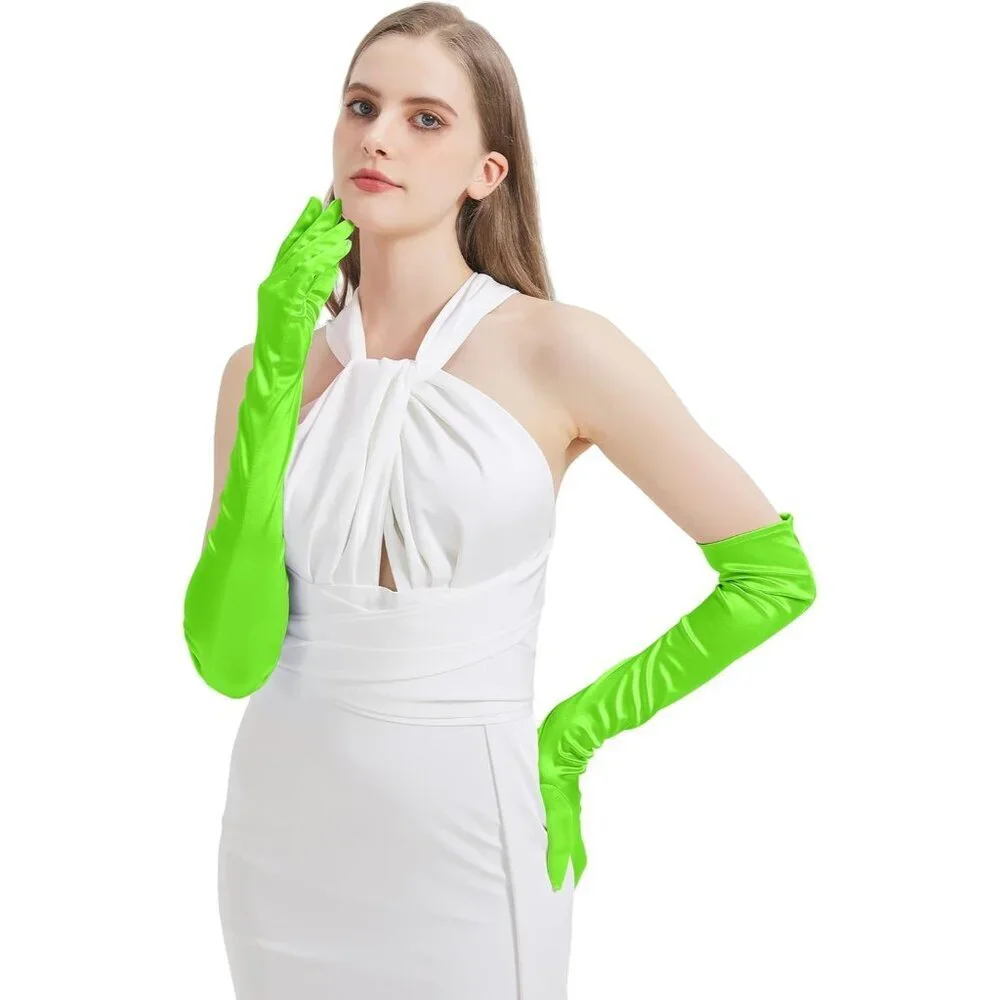 Women's Neon Green Imported Satin Elbow Length Halloween Cosplay Opera Gloves